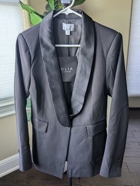 OLIA Black Satin-Trim Shawl Collar Blazer (Tuxedo Style)